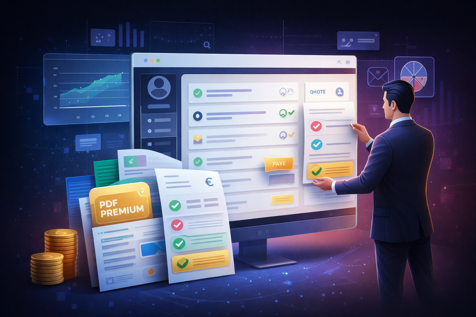 Interface de suivi commercial avec devis, PDF premium, paiements et pilotage client.